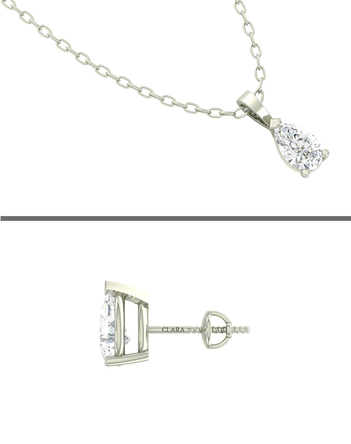 CLARA 925 Sterling Silver Rhodium Plated Pear Pendant Earring Necklace Set with Chain Gift for Women and Girls