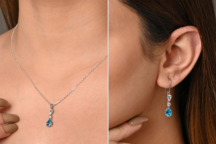CLARA 925 Sterling Silver Pear Solitaire Pendant Earring Chain Jewellery Set