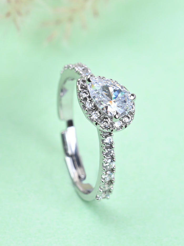 CLARA Pure 925 Sterling Silver Pear Solitaire Finger Ring with Adjustable Band