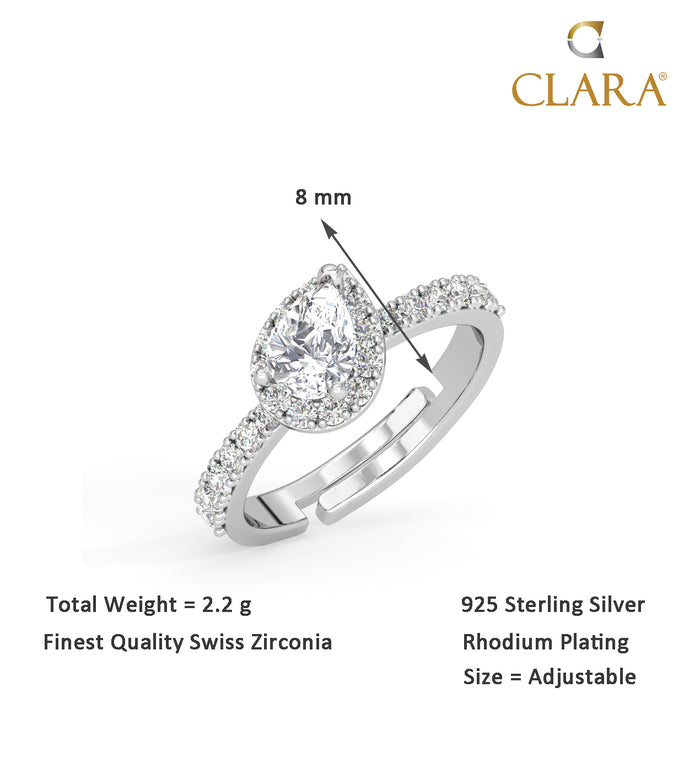 CLARA Pure 925 Sterling Silver Pear Solitaire Finger Ring with Adjustable Band