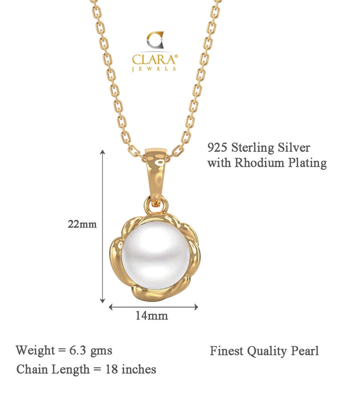 CLARA 925 Sterling Silver Real Pearl Aki Pendant With Chain Necklace | Gold Rhodium Plated | Gift for Women & Girls