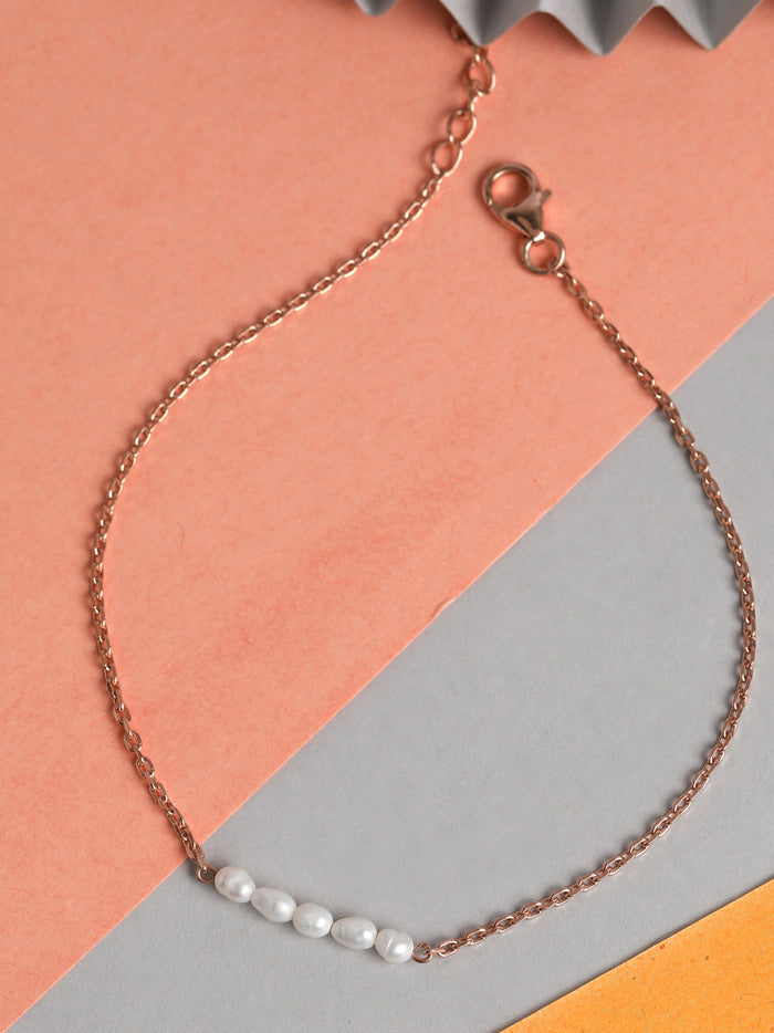 CLARA 925 Sterling Silver Pearl Anklet Payal ( Single ) Adjustable Chain, Rose Gold Plated Gift for Women and Girls