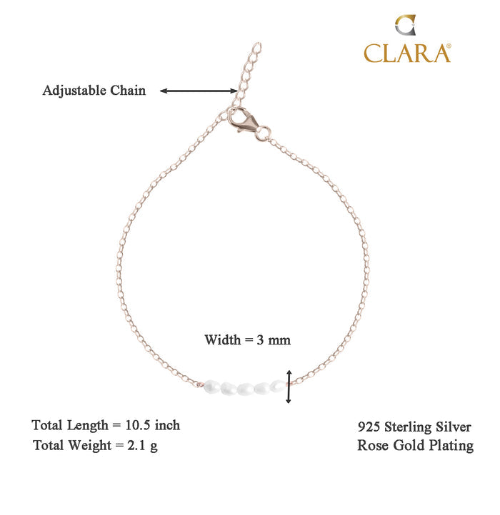 CLARA 925 Sterling Silver Pearl Anklet Payal ( Single ) Adjustable Chain, Rose Gold Plated Gift for Women and Girls