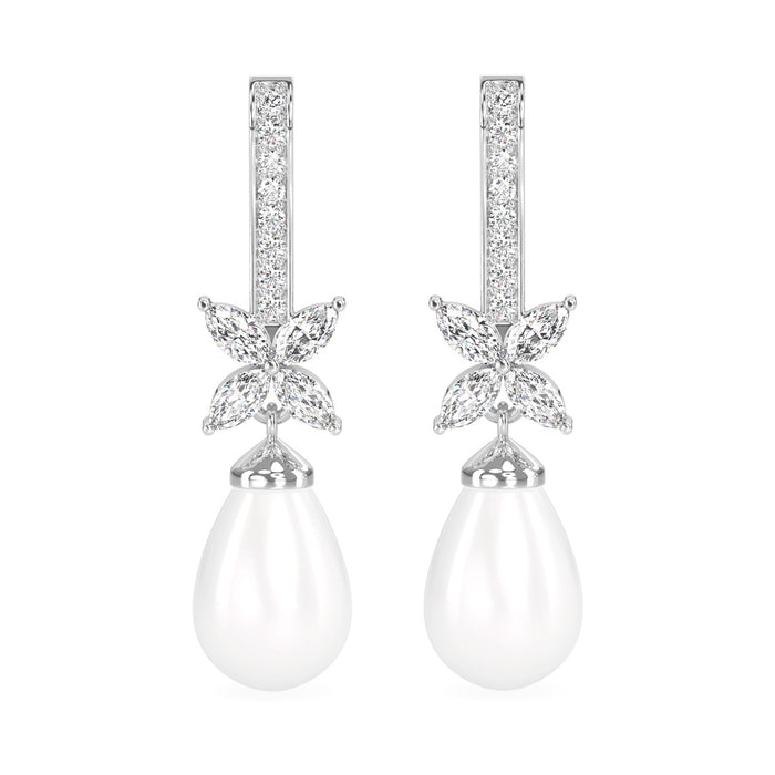 CLARA 925 Sterling Silver Pearl Hina Earrings | Rhodium Plated, Swiss Zirconia , Screw Back | Gift for Women & Girls