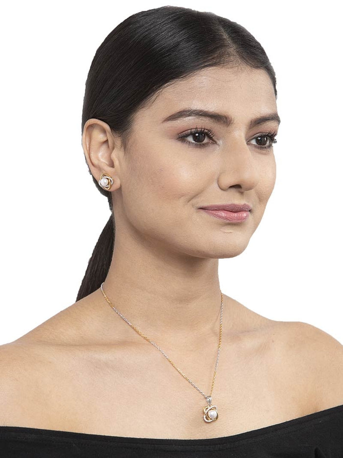 CLARA 925 Sterling Silver Real Pearl Knot Pendant Earring Chain Jewellery Set | Gold Rhodium Plated | Gift for Women & Girls