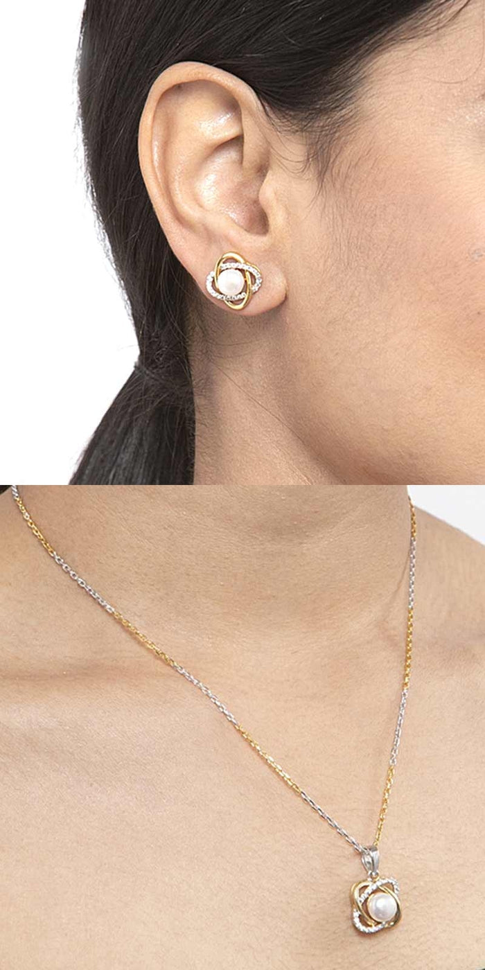 CLARA 925 Sterling Silver Real Pearl Knot Pendant Earring Chain Jewellery Set | Gold Rhodium Plated | Gift for Women & Girls