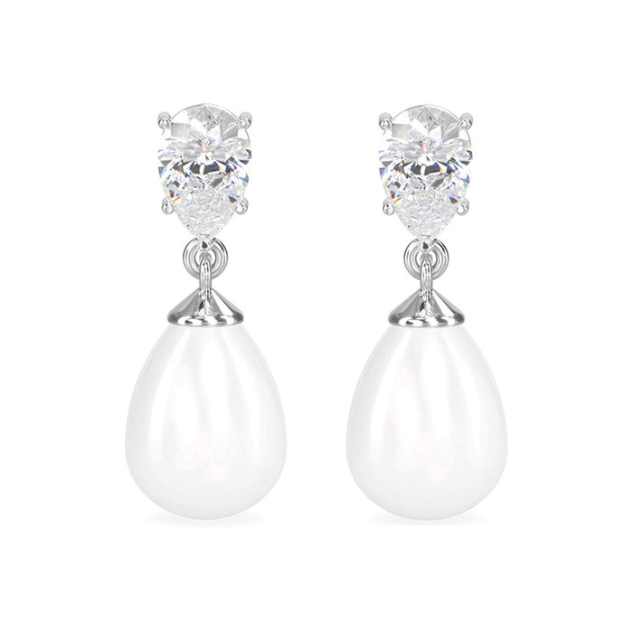 CLARA 925 Sterling Silver Pearl Pear Earrings | Rhodium Plated, Swiss Zirconia , Screw Back | Gift for Women & Girls