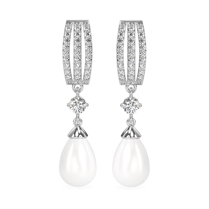 CLARA 925 Sterling Silver Pearl Queen Earrings | Rhodium Plated, Swiss Zirconia, Screw Back | Gift for Women & Girls