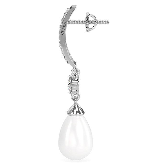 CLARA 925 Sterling Silver Pearl Queen Earrings | Rhodium Plated, Swiss Zirconia, Screw Back | Gift for Women & Girls