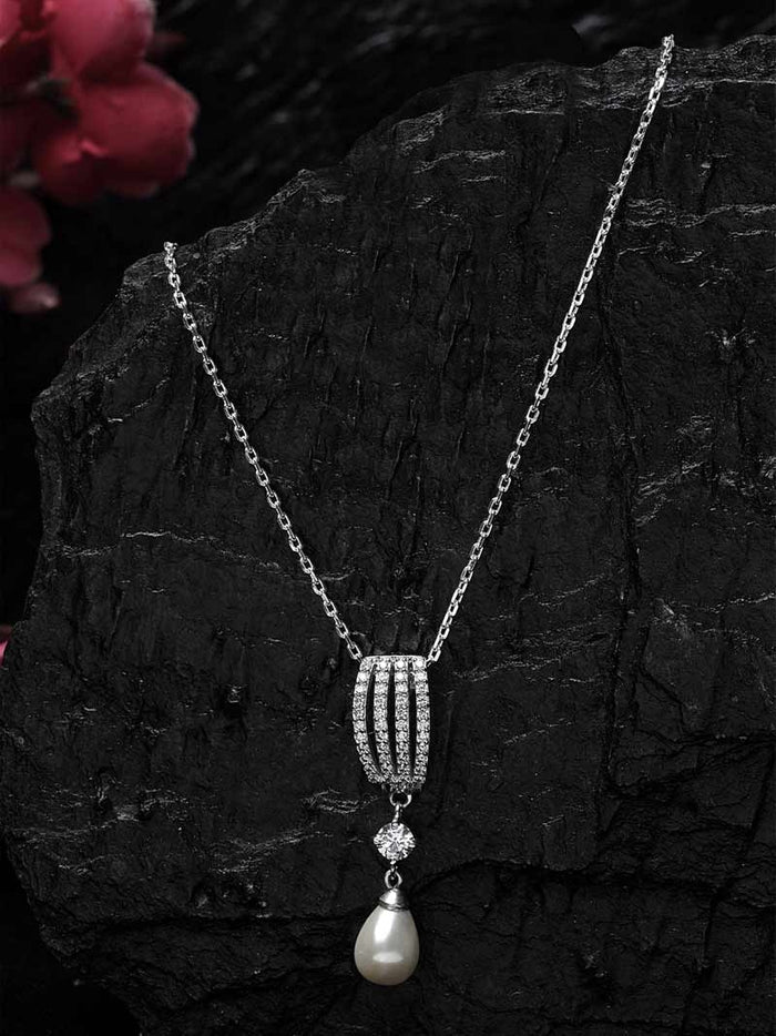 CLARA 925 Sterling Silver Pearl Queen Pendant With Chain Necklace | Rhodium Plated, Swiss Zirconia | Gift for Women & Girls