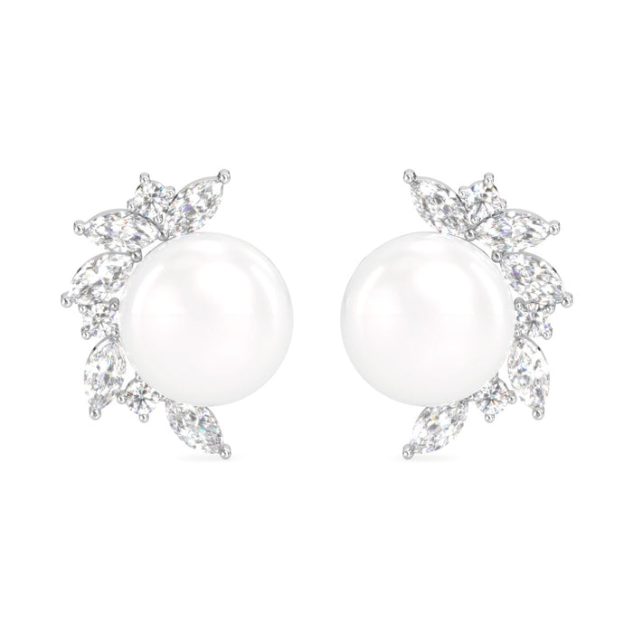 CLARA 925 Sterling Silver Real Pearl Stud Aoi Earrings | Rhodium Plated, Swiss Zirconia , Screw Back | Gift for Women & Girls
