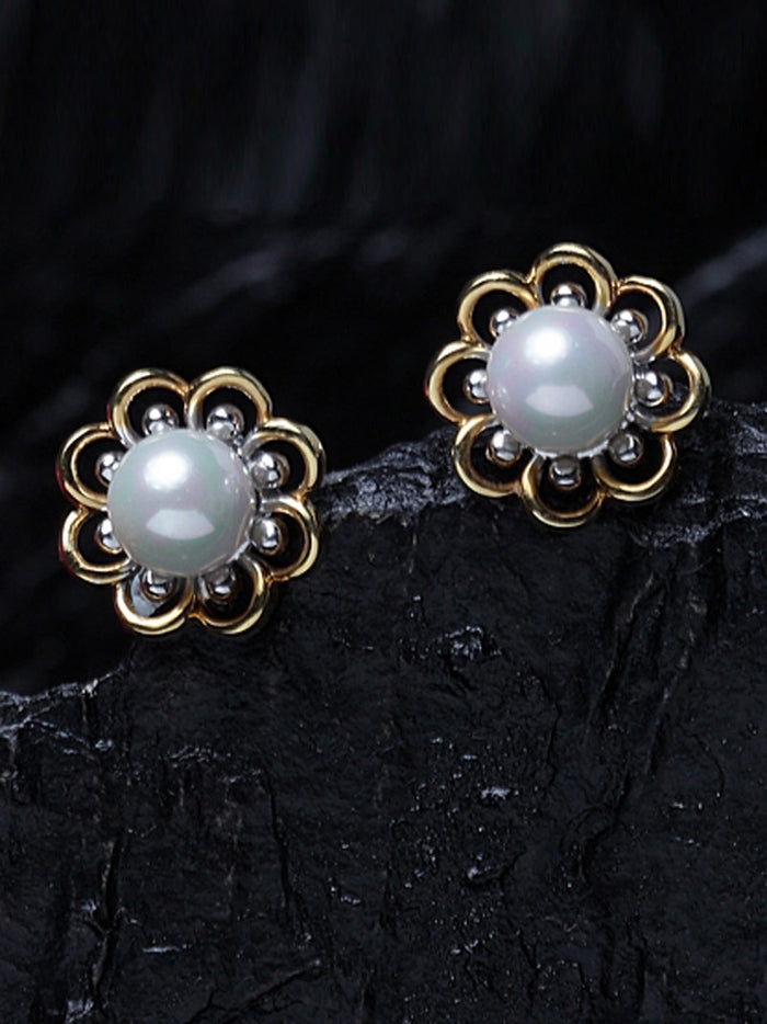 CLARA 925 Sterling Silver Pearl Stud Lotus Earrings | Gold Rhodium Plated , Screw Back | Gift for Women & Girls