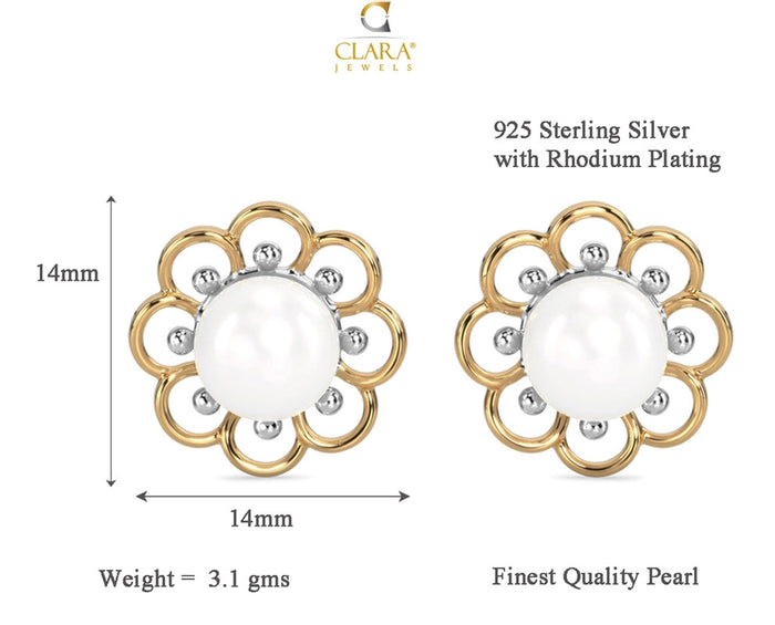 CLARA 925 Sterling Silver Pearl Stud Lotus Earrings | Gold Rhodium Plated , Screw Back | Gift for Women & Girls