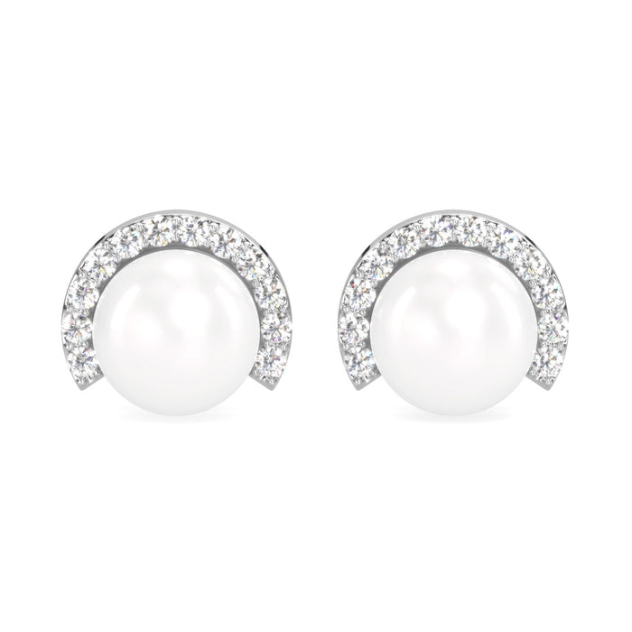 CLARA 925 Sterling Silver Real Pearl Stud Riko Earrings | Rhodium Plated, Swiss Zirconia , Screw Back | Gift for Women & Girls