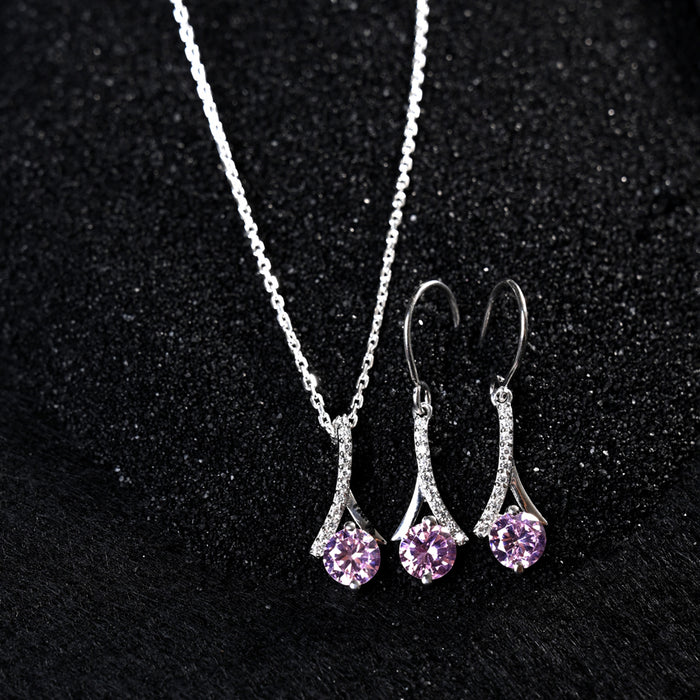 CLARA 925 Sterling Silver Pink Solitaire Pendant Earring Chain Jewellery Set
