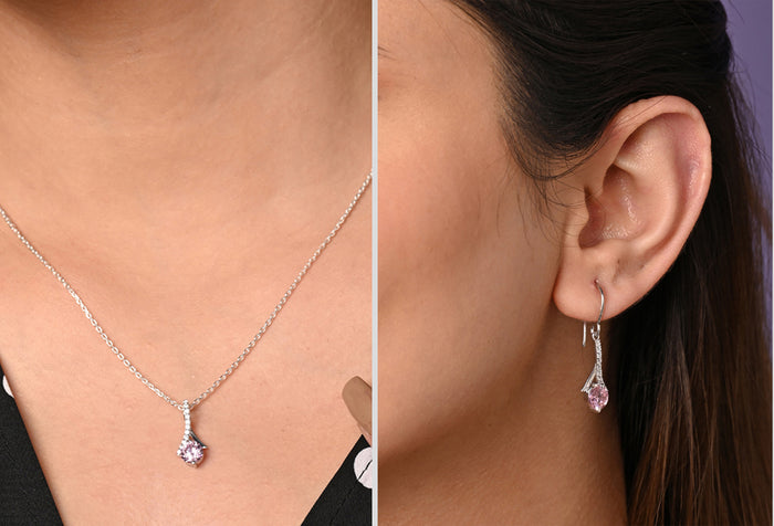 CLARA 925 Sterling Silver Pink Solitaire Pendant Earring Chain Jewellery Set