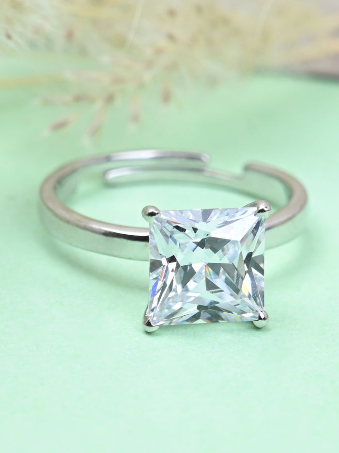 CLARA Pure 925 Sterling Silver Princess Solitaire Finger Ring with Adjustable Band