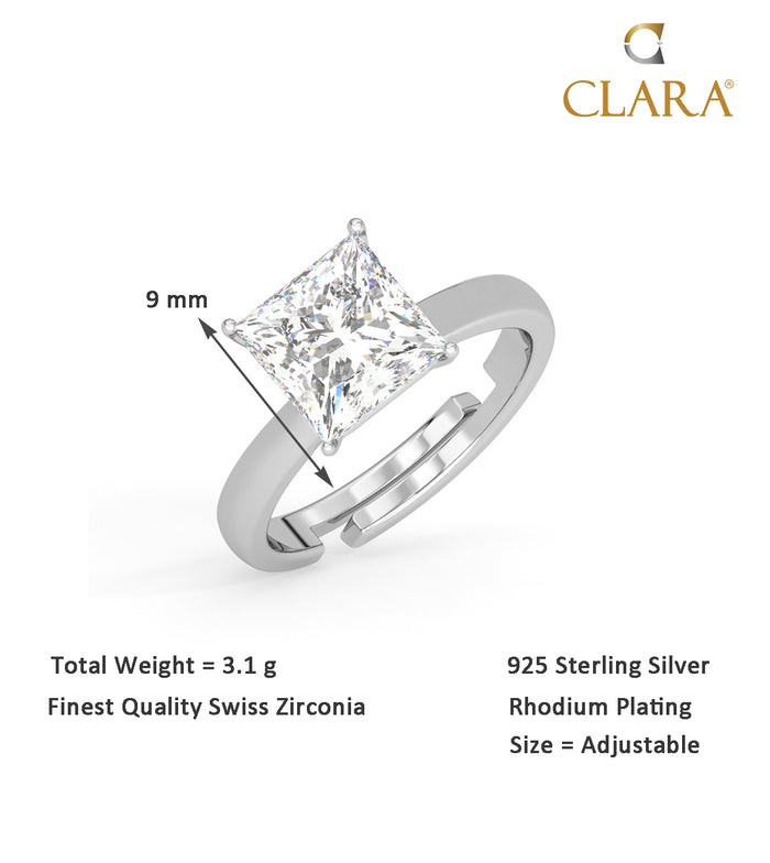 CLARA Pure 925 Sterling Silver Princess Solitaire Finger Ring with Adjustable Band