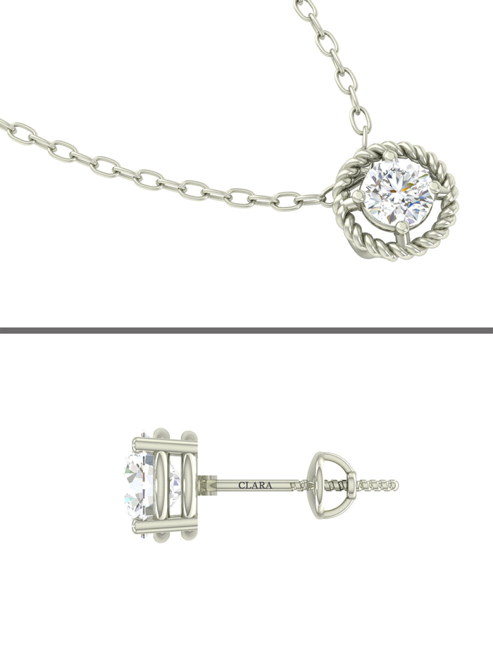 CLARA 925 Sterling Silver Rhodium Plated Rope Pendant Earring Necklace Set with Chain Gift for Women and Girls