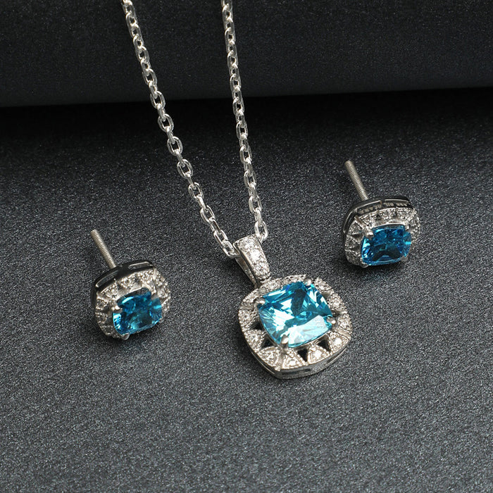 CLARA 925 Sterling Silver Sky Blue Cushion Pendant Earring Chain Jewellery Set | Rhodium Plated, Swiss Zirconia | Gift for Women & Girls