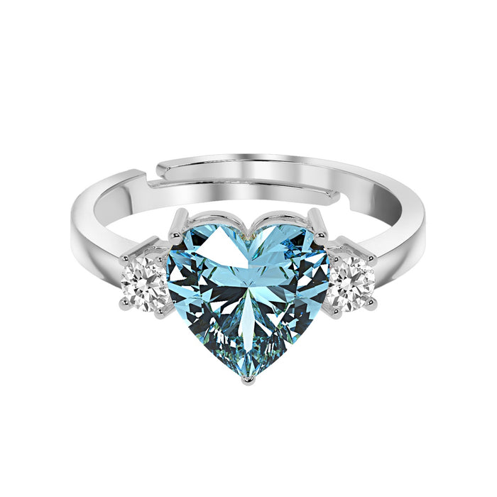 CLARA 925 Sterling Silver Sky Blue Heart Ring with Adjustable Band | Rhodium Plated, Swiss Zirconia | Gift for Women & Girls