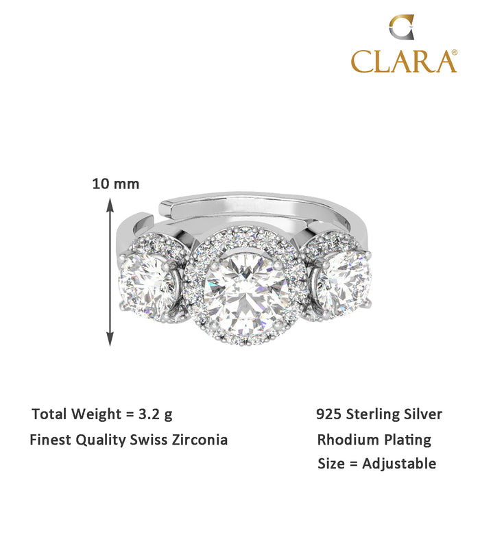 CLARA Pure 925 Sterling Silver Solitaire Wedding Finger Ring with Adjustable Band