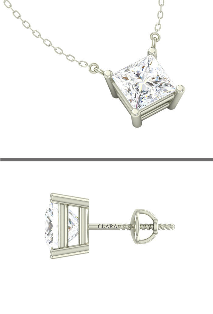 CLARA 925 Sterling Silver Rhodium Plated Square Pendant Earring Necklace Set with Chain Gift for Women and Girls