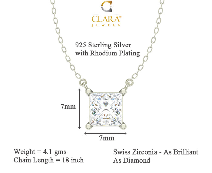 CLARA 925 Sterling Silver Rhodium Plated Square Pendant Earring Necklace Set with Chain Gift for Women and Girls