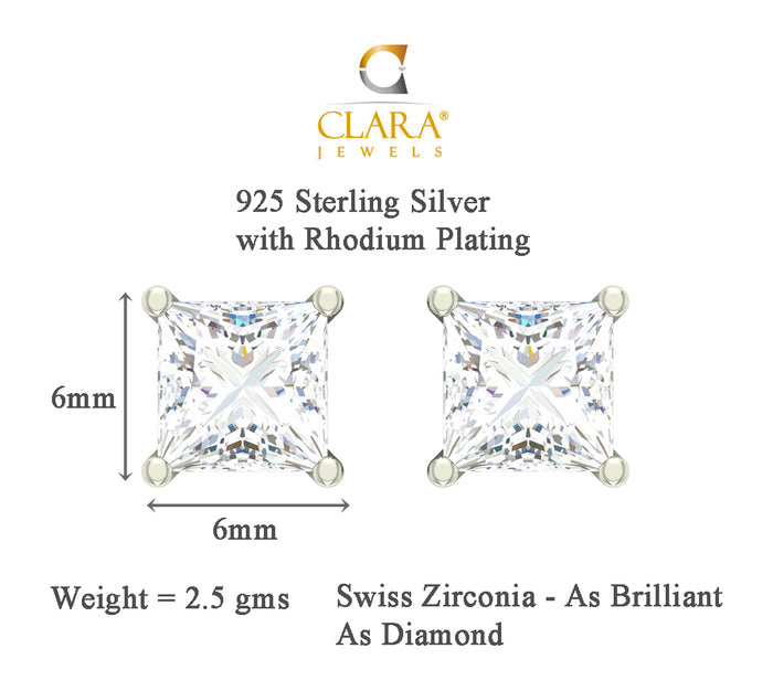 CLARA 925 Sterling Silver Rhodium Plated Square Pendant Earring Necklace Set with Chain Gift for Women and Girls