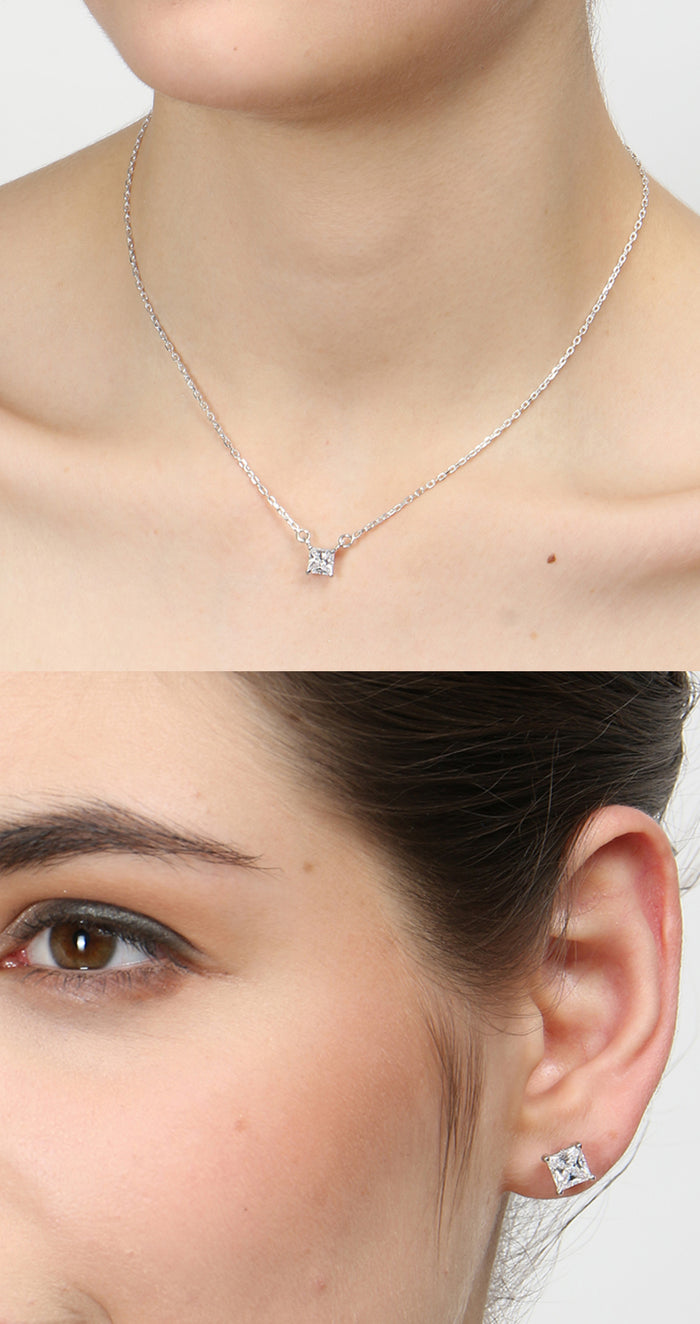 CLARA 925 Sterling Silver Rhodium Plated Square Pendant Earring Necklace Set with Chain Gift for Women and Girls