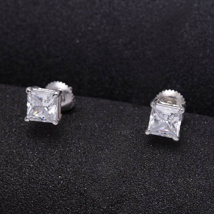 Clara 92.5 Sterling silver White Gold Plated Square Princess Solitaire Stud Earring Screw Back For Women & Girls