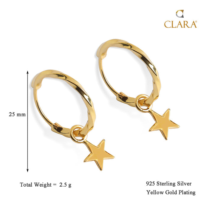 CLARA 925 Sterling Silver Star Hoop Drop Earring Gold Plated Gift for Women & Girls