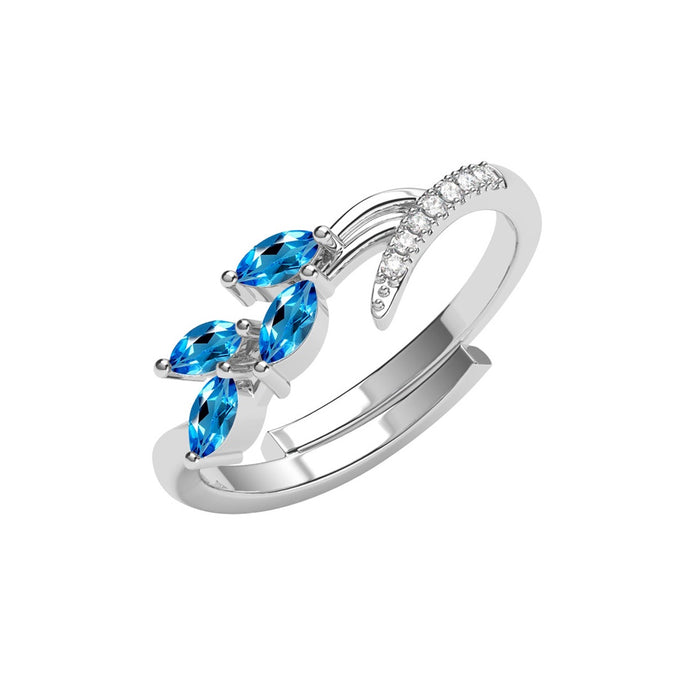 CLARA 925 Sterling Silver Size Adjustable Tonje Curved Blue Leaf Ring