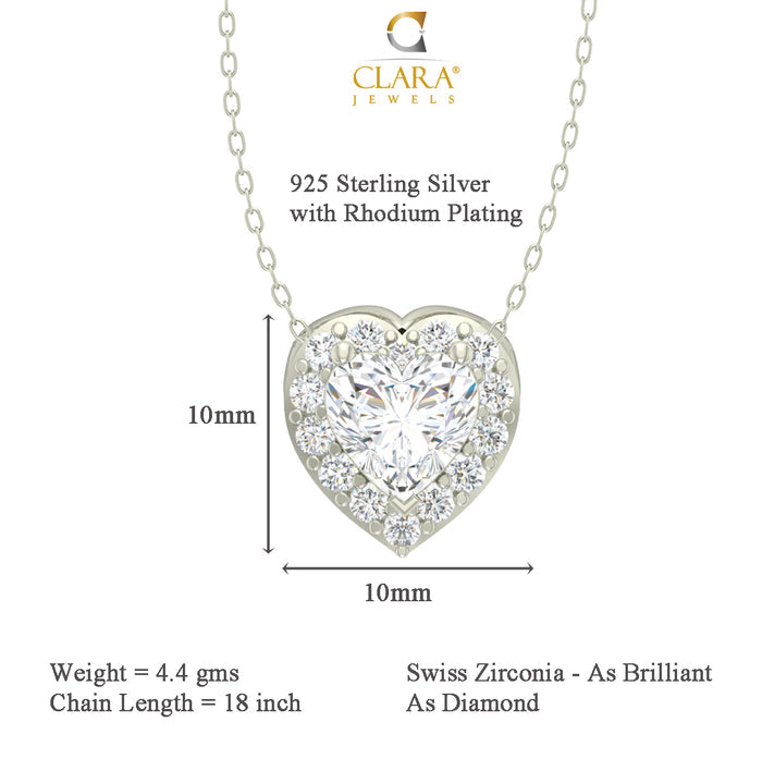 CLARA 925 Sterling Silver Rhodium Plated Valentine Pendant Earring Necklace Set with Chain Gift for Women and Girls