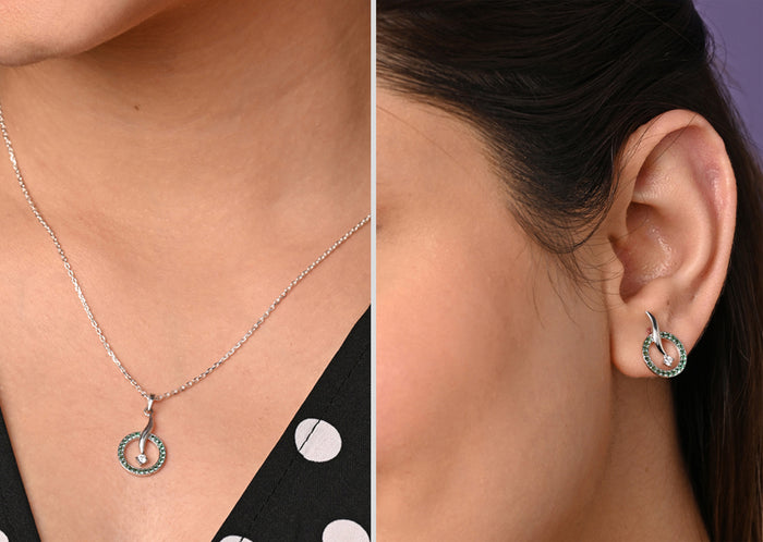 CLARA 925 Sterling Silver Verde Pendant Earring Chain Jewellery Set