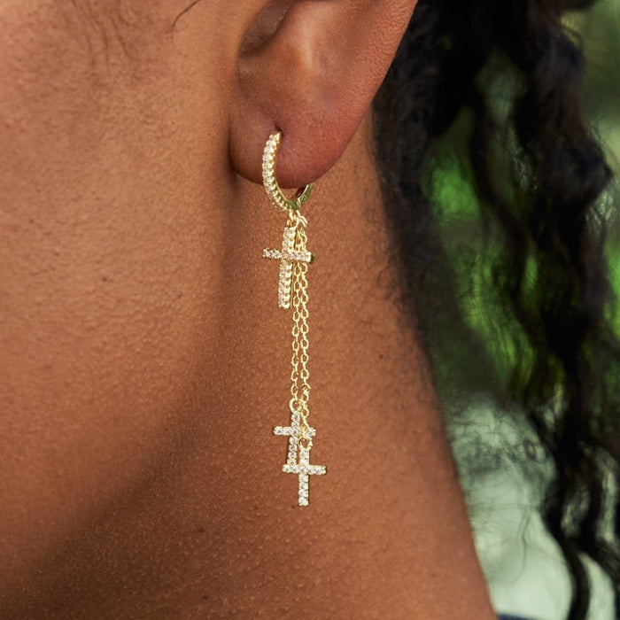Triple Cross Drop Earrings in Yellow Gold