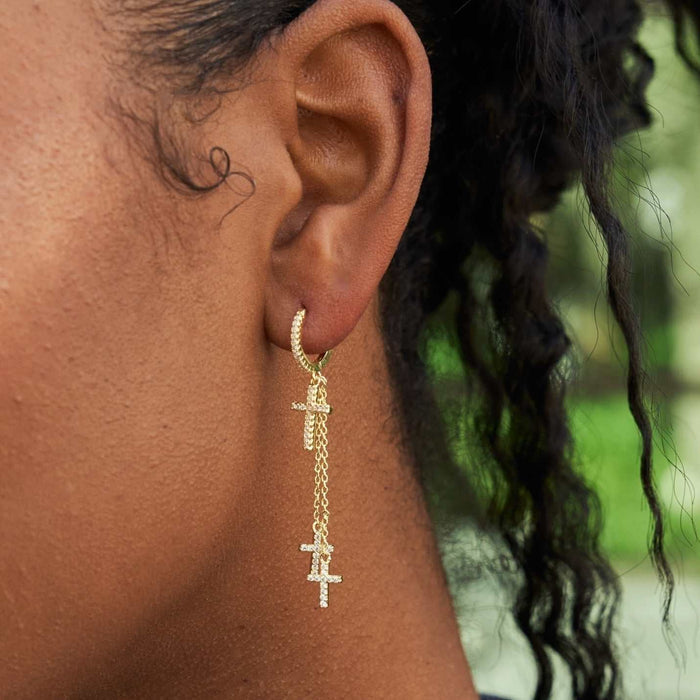 Triple Cross Drop Earrings in Yellow Gold