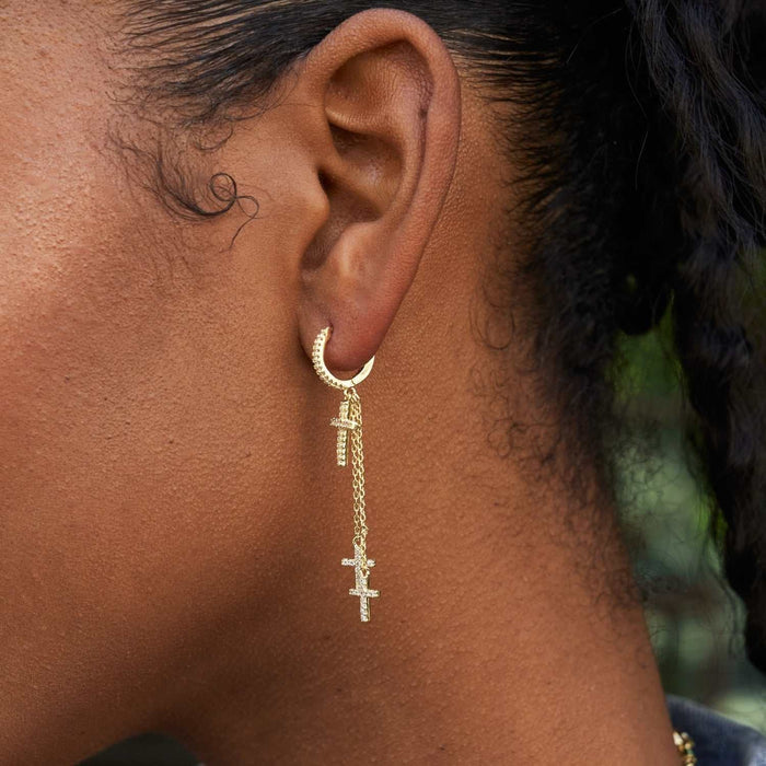 Triple Cross Drop Earrings in Yellow Gold