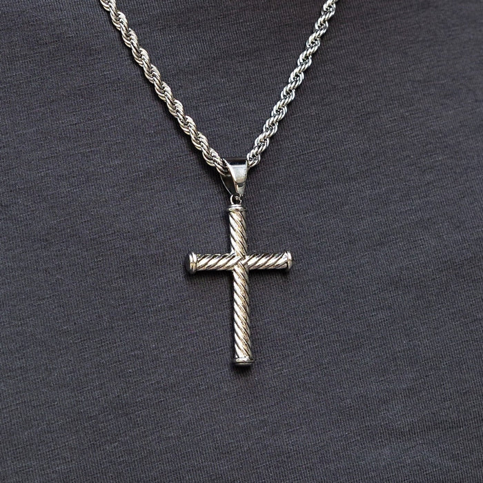 Twisted Rope Cross Pendant + 2MM Rope Chain Bundle in White Gold