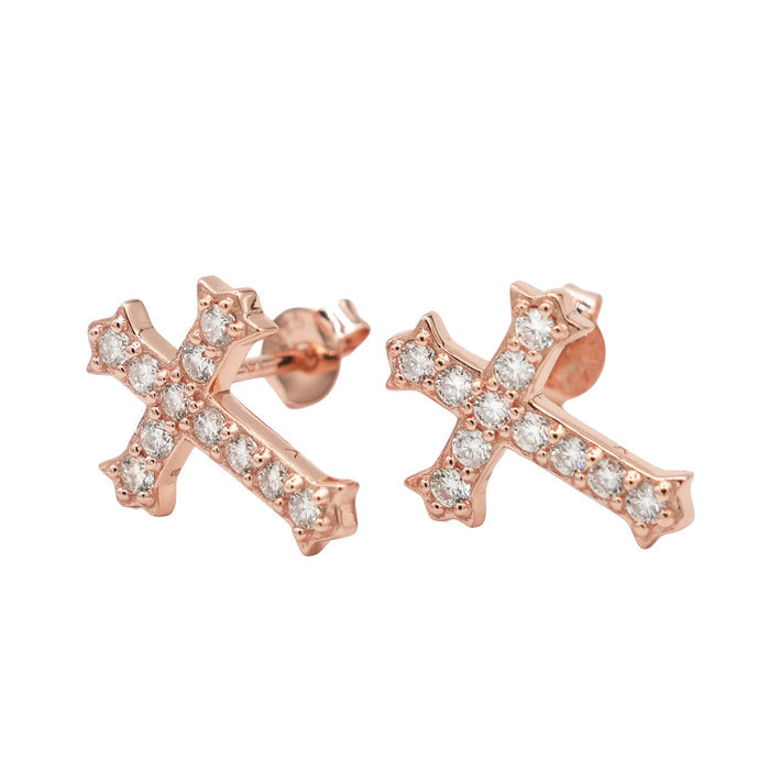 Women's Moissanite Micro Cross Stud Earring in Rose Gold Vermeil