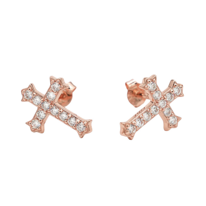 Women's Moissanite Micro Cross Stud Earring in Rose Gold Vermeil
